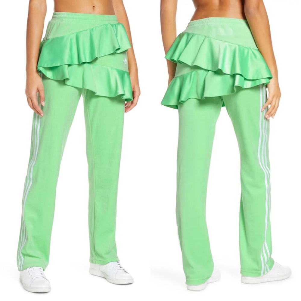 adidas x J KOO Green Ruffle Track Pants with Side Stripes